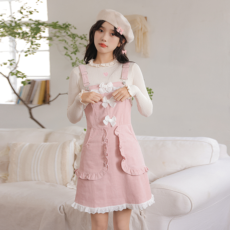 Heart Embroidered Knit Top and Pink Corduroy Pinafore Dress Two-Piece Set