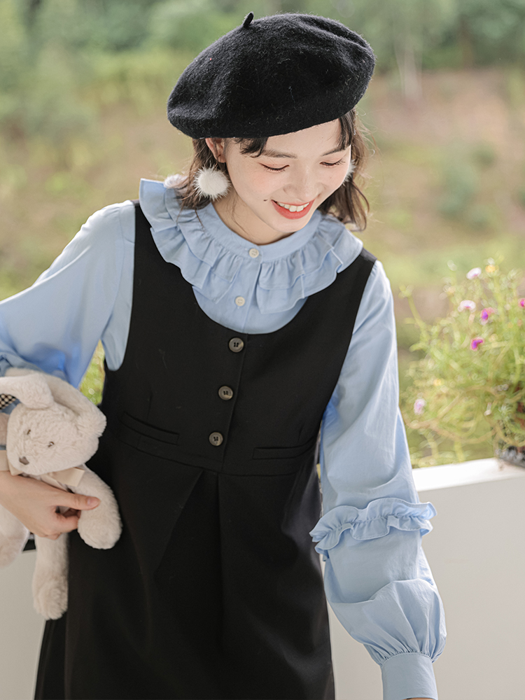 Black Overall Dress with Blouse Two-Piece Set