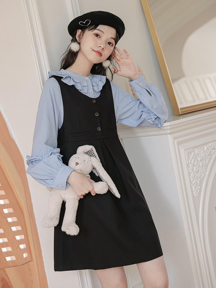 Black Overall Dress with Blouse Two-Piece Set - Image 4