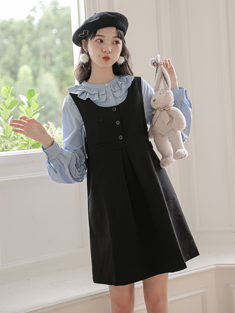 Black Overall Dress with Blouse Two-Piece Set - Image 3
