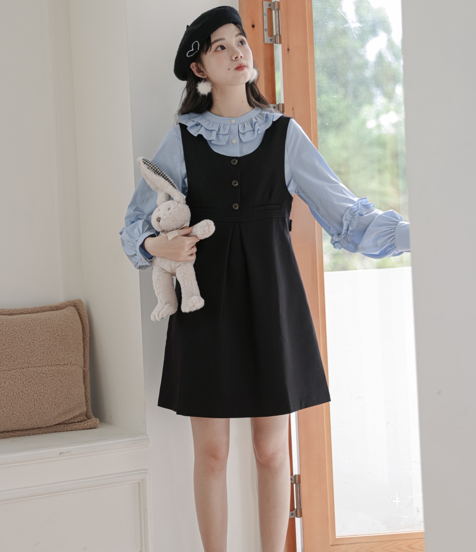 Black Overall Dress with Blouse Two-Piece Set - Image 2