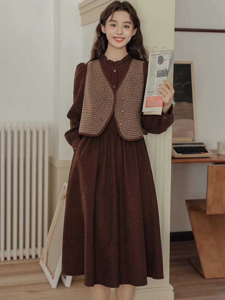 Corduroy Vest Dress Two-Piece Set Autumn Winter Plaid Midi Dress
