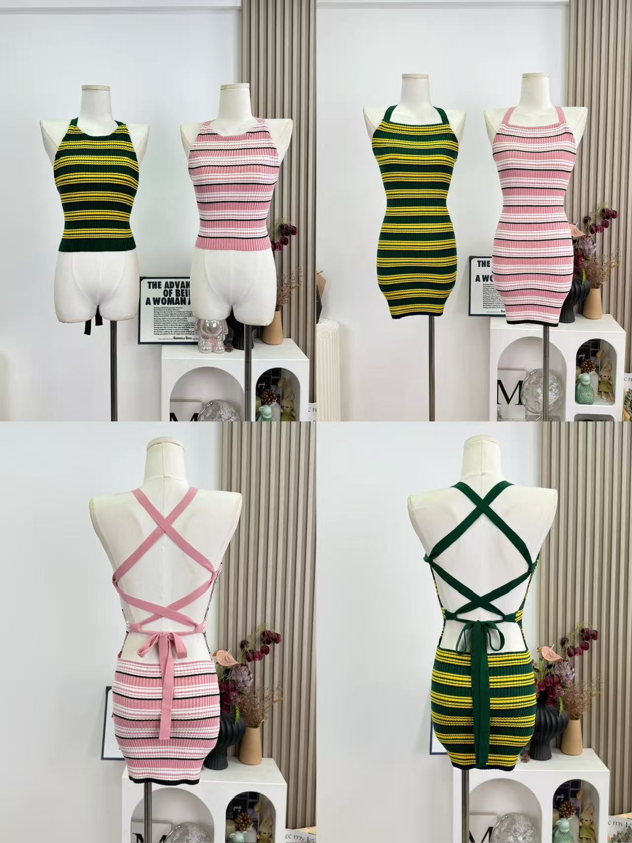 Sexy Striped Open Back Lace Up Top and Dress Set for Women