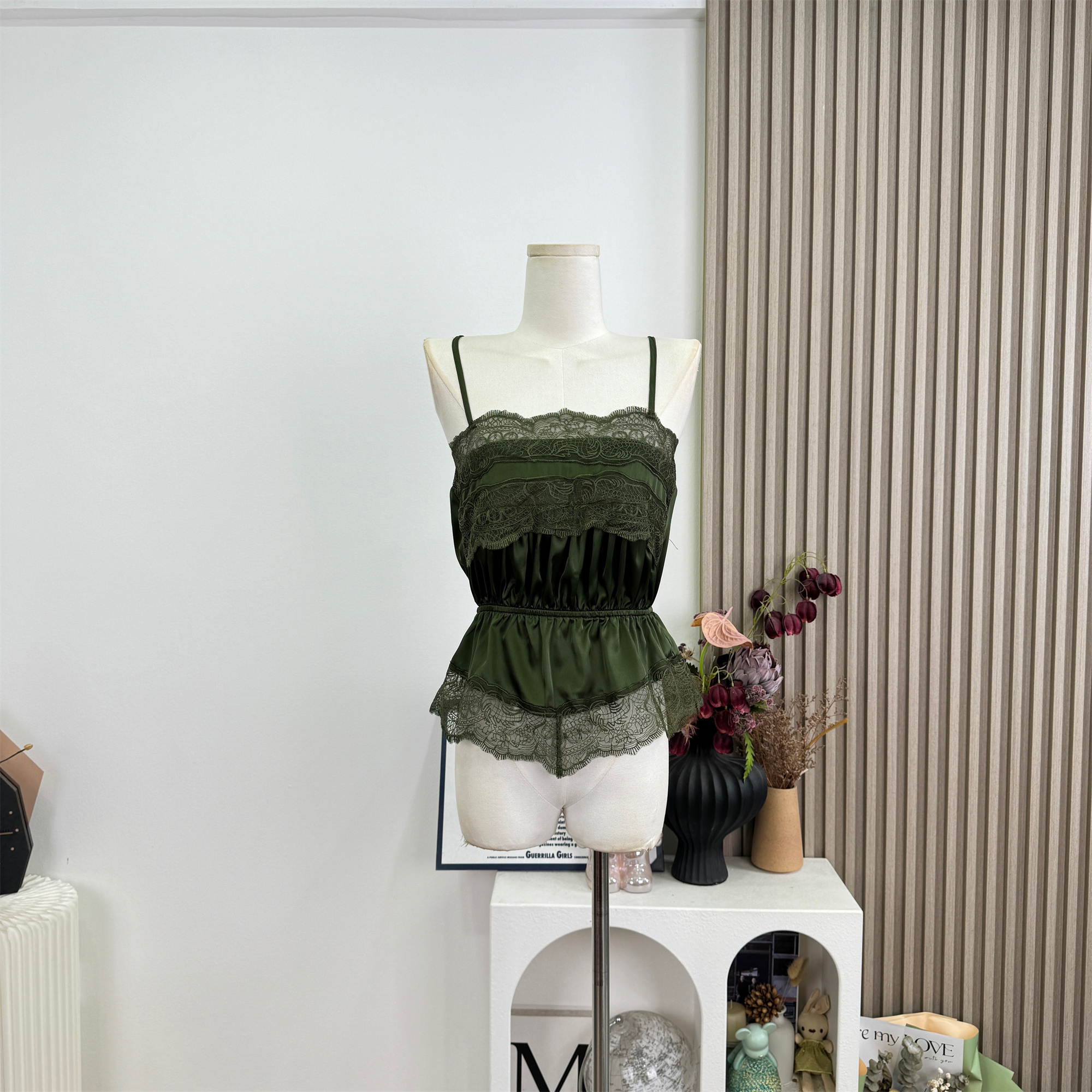FAY Dark Jade Green Lace Panel Camisole Tank Top