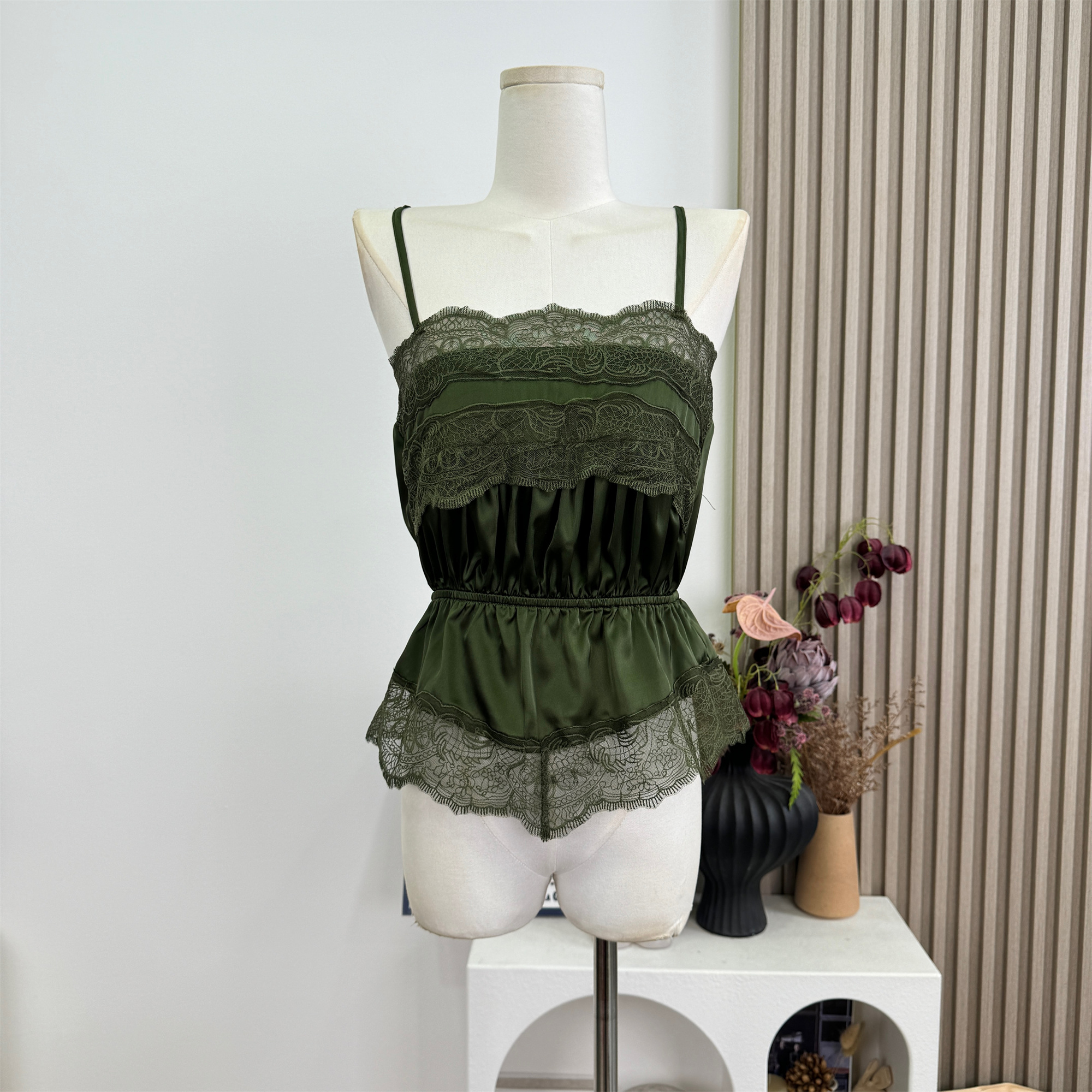 FAY Dark Jade Green Lace Panel Camisole Tank Top - Image 5