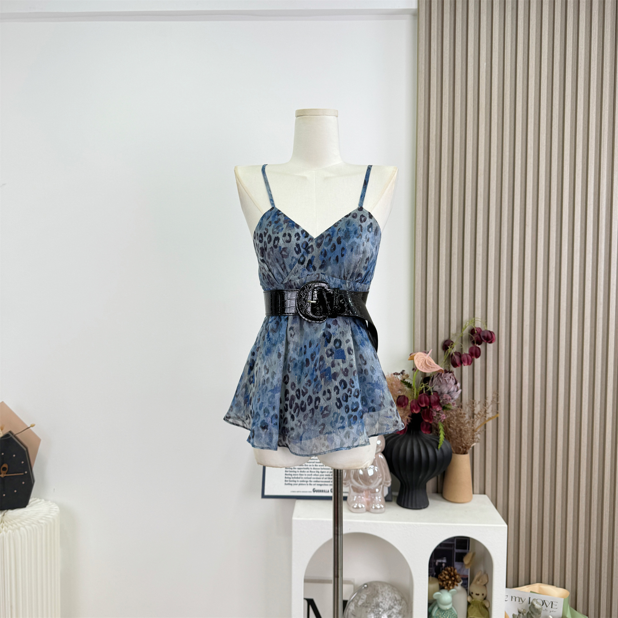 Blue Leopard Print Chiffon Camisole Top for Women Summer Sexy Sleeveless Vest
