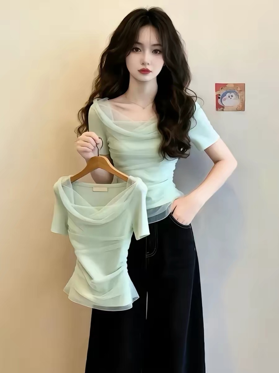 Mint Green Cowl Neck Mesh Spliced Cinched Waist Short Sleeve T-Shirt for Women 2026 Summer Korean Sweet Chic Top