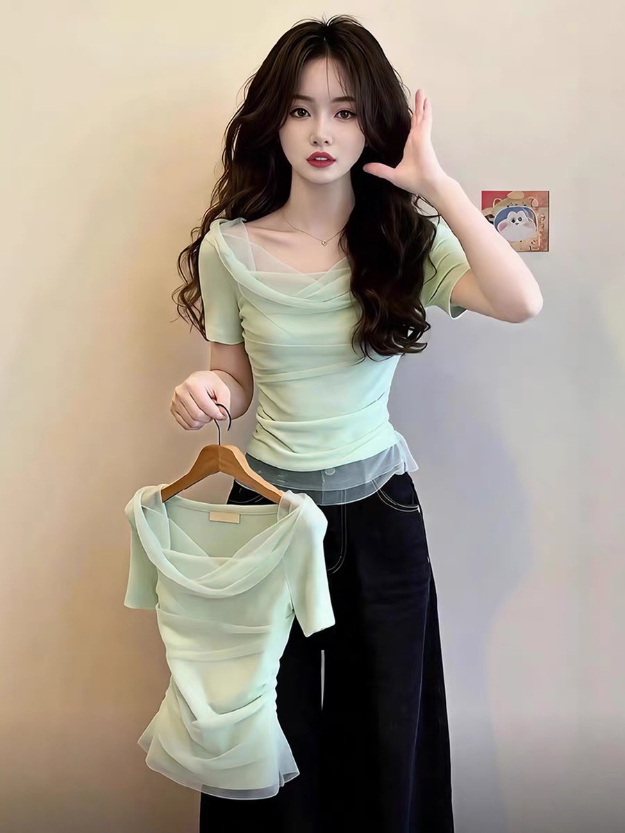 Mint Green Cowl Neck Mesh Spliced Cinched Waist Short Sleeve T-Shirt for Women 2026 Summer Korean Sweet Chic Top - Image 2