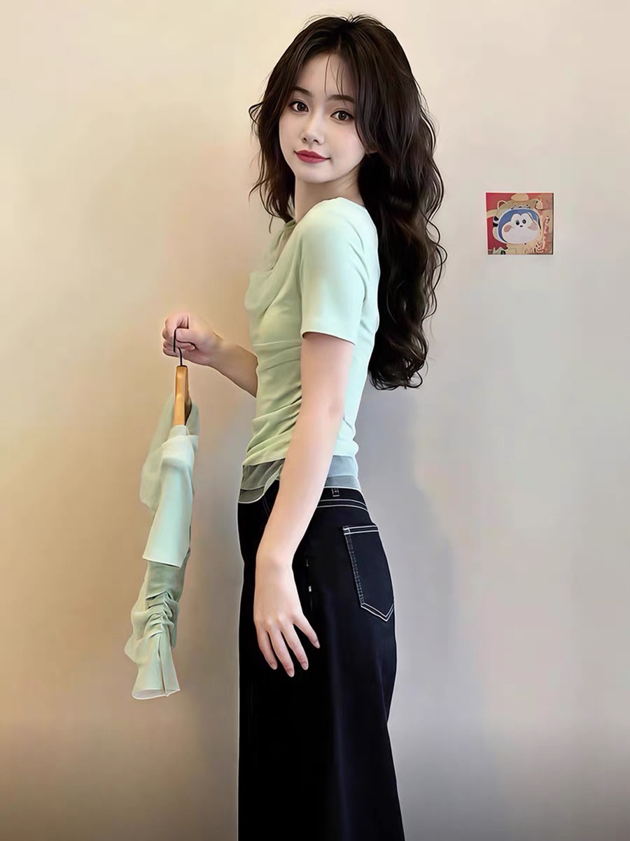 Mint Green Cowl Neck Mesh Spliced Cinched Waist Short Sleeve T-Shirt for Women 2026 Summer Korean Sweet Chic Top - Image 4