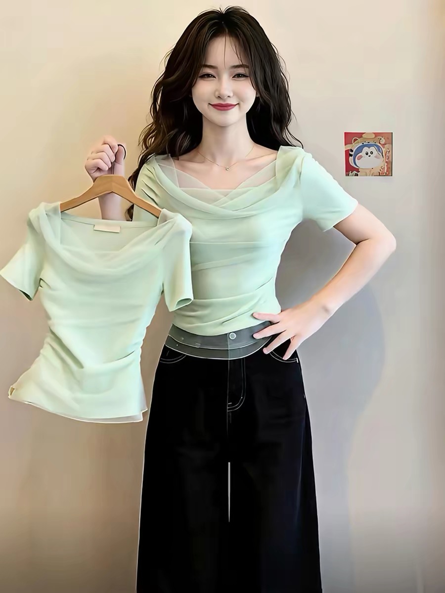 Mint Green Cowl Neck Mesh Spliced Cinched Waist Short Sleeve T-Shirt for Women 2026 Summer Korean Sweet Chic Top - Image 3