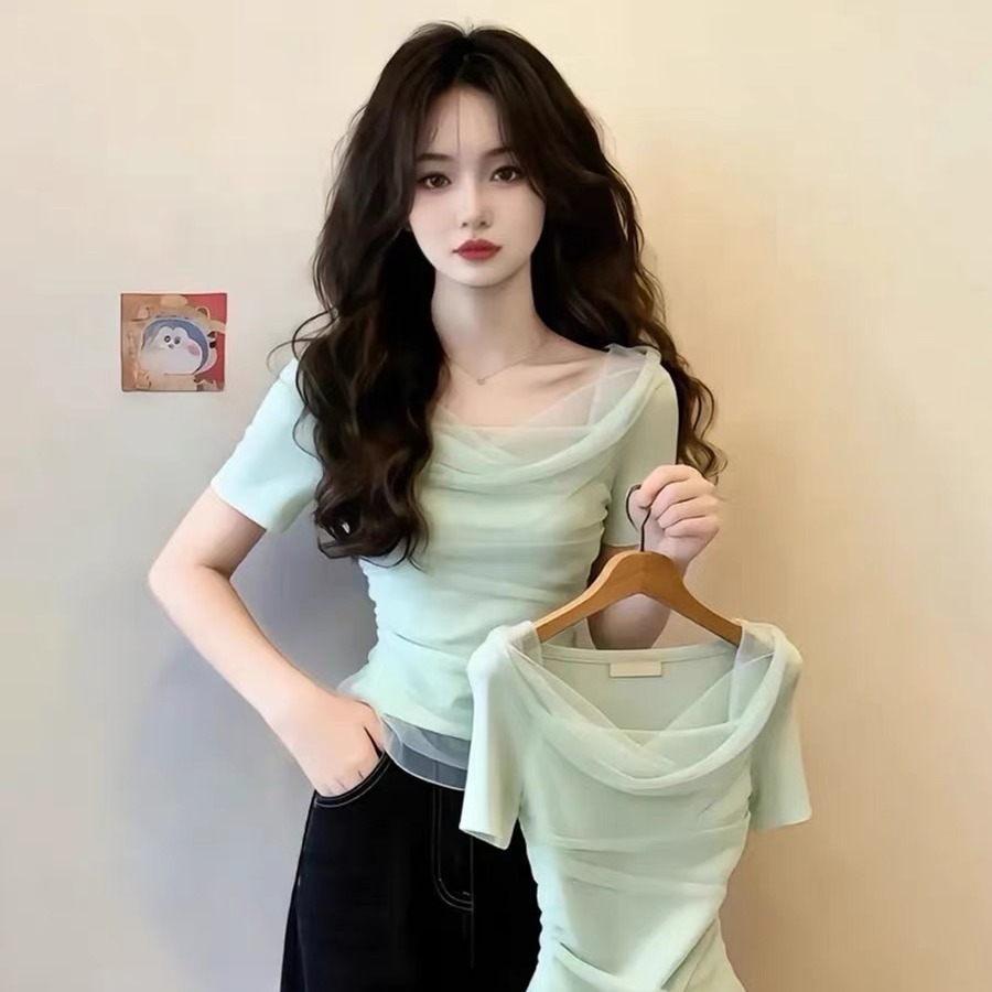 Mint Green Cowl Neck Mesh Spliced Cinched Waist Short Sleeve T-Shirt for Women 2026 Summer Korean Sweet Chic Top - Image 5
