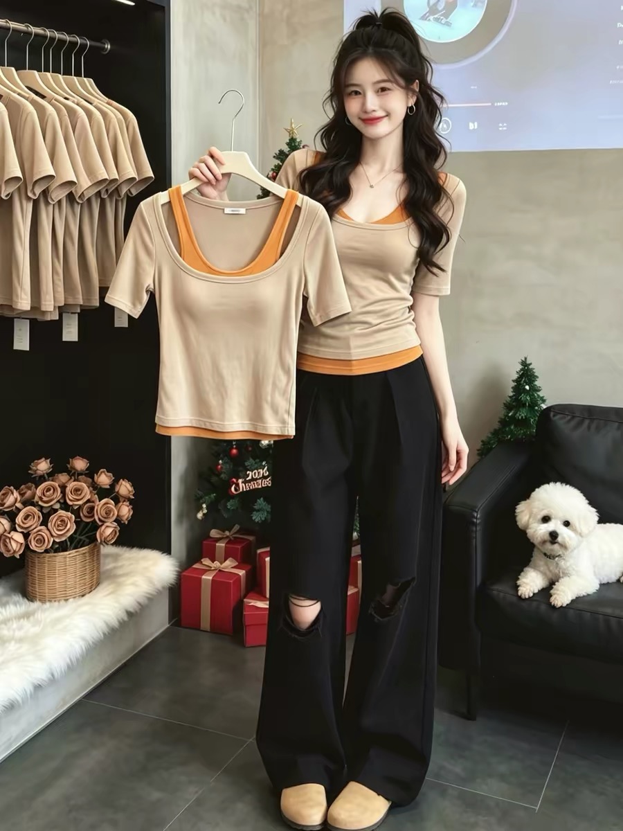 Women's Contrast Color Faux Two-Piece Short Sleeve T-Shirt 2026 Summer Korean Style Gentle Top