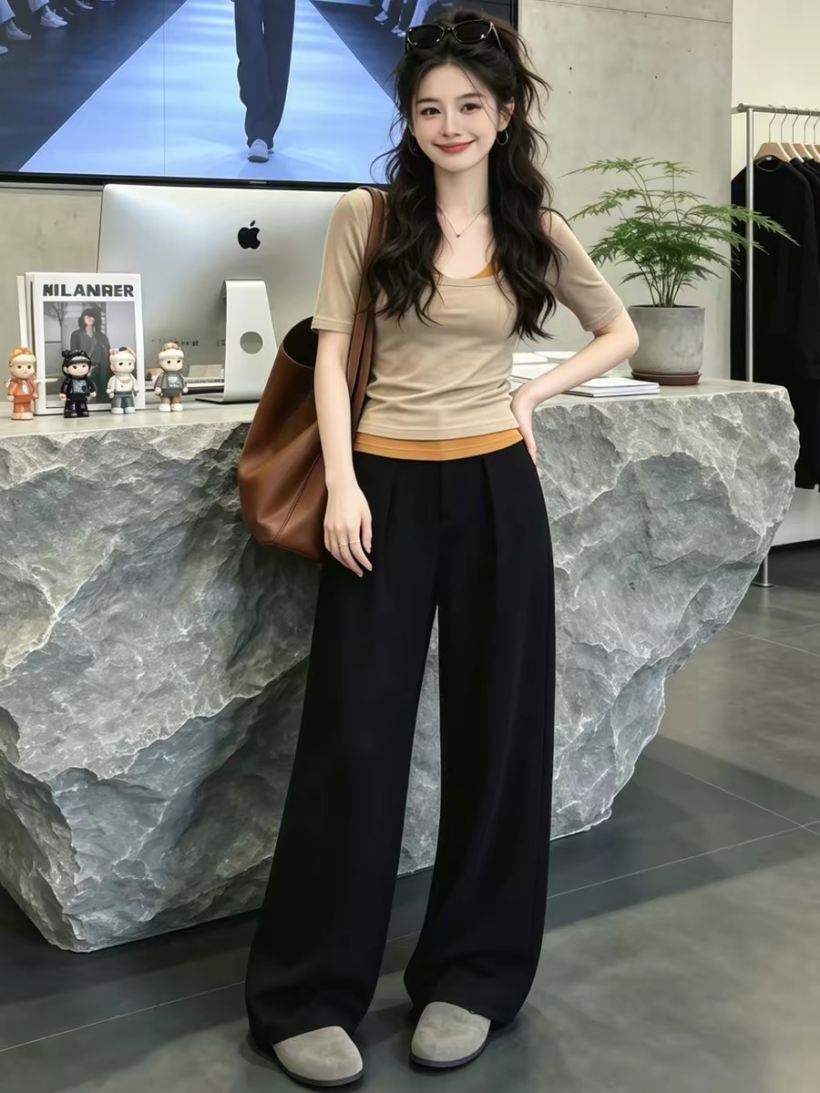 Women's Contrast Color Faux Two-Piece Short Sleeve T-Shirt 2026 Summer Korean Style Gentle Top - Image 3
