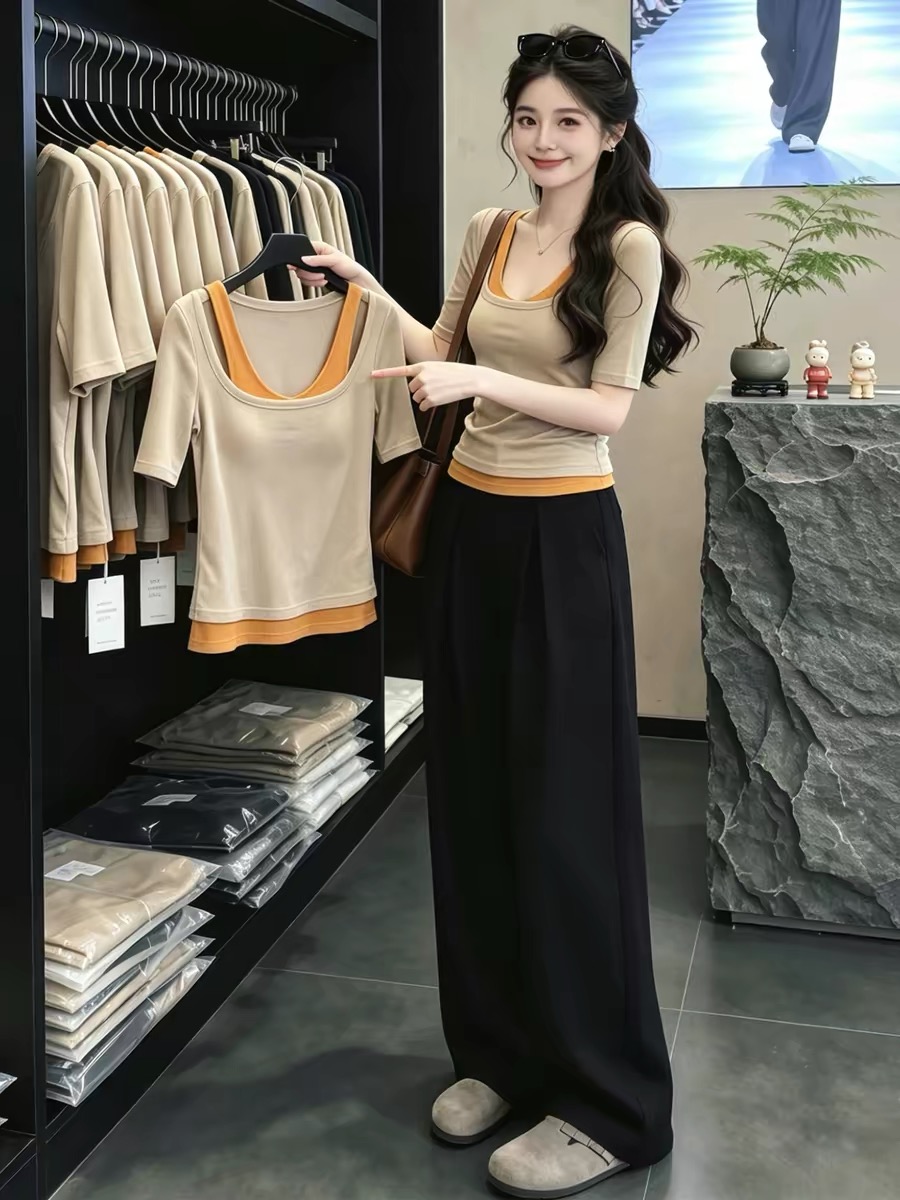 Women's Contrast Color Faux Two-Piece Short Sleeve T-Shirt 2026 Summer Korean Style Gentle Top - Image 4