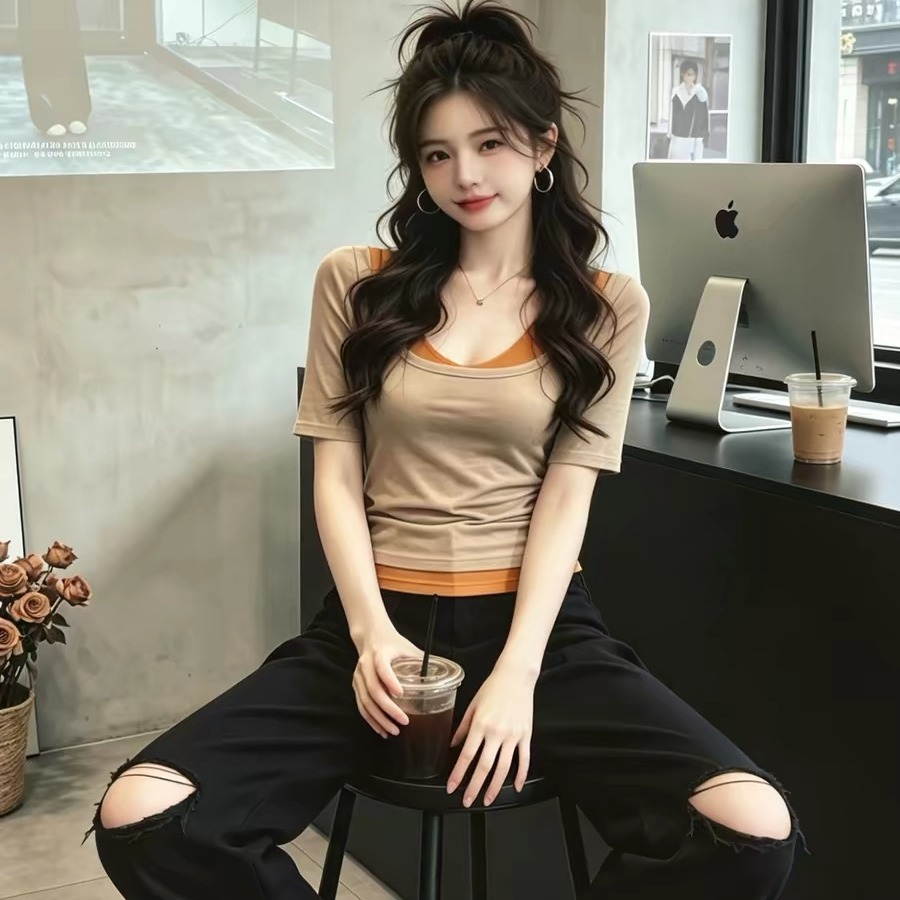 Women's Contrast Color Faux Two-Piece Short Sleeve T-Shirt 2026 Summer Korean Style Gentle Top - Image 5