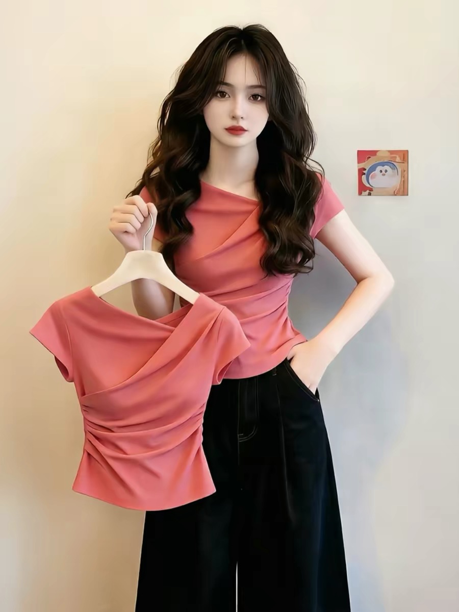 Raspberry Pink Ruched Asymmetric Neck Short Sleeve Slim Fit T-Shirt for Women 2026 Summer Dopamine Outfit Top