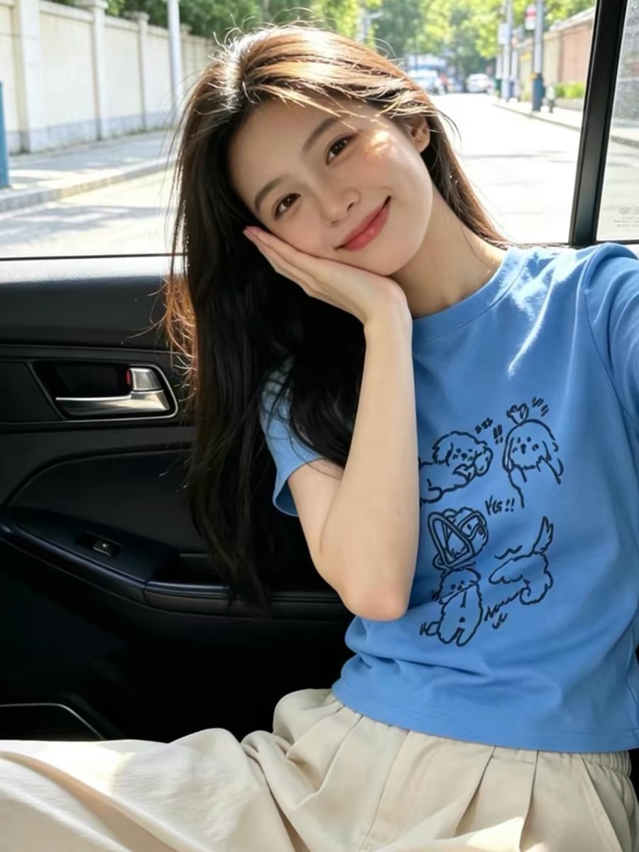 Cute Puppy Slim Fit Short Sleeve T-Shirt for Women 2026 Summer Korean Style Top - Image 3