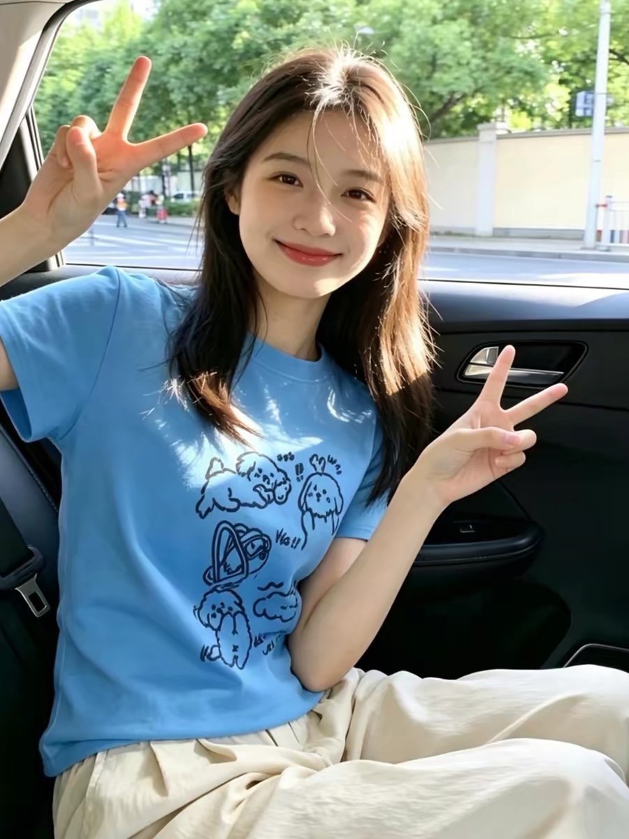 Cute Puppy Slim Fit Short Sleeve T-Shirt for Women 2026 Summer Korean Style Top - Image 2