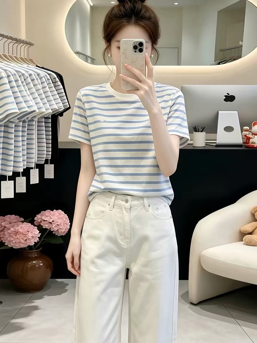 Women's Blue Striped Short Sleeve T-Shirt 2026 Summer Casual Korean Style Top
