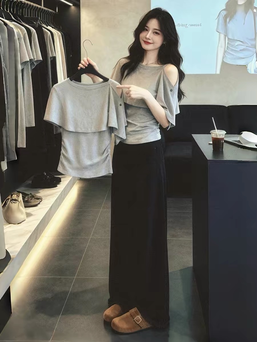 Women's Gray Faux Two-Piece Slim Short-Sleeve T-Shirt 2026 Summer Asymmetric Neck Top