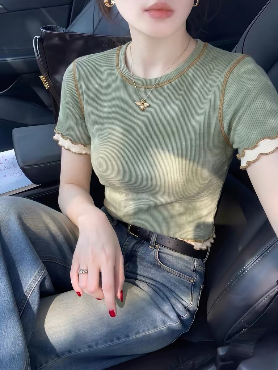 Matcha Green Contrast Ruffle Trim Short Sleeve T-Shirt for Women 2026 Summer Korean Style