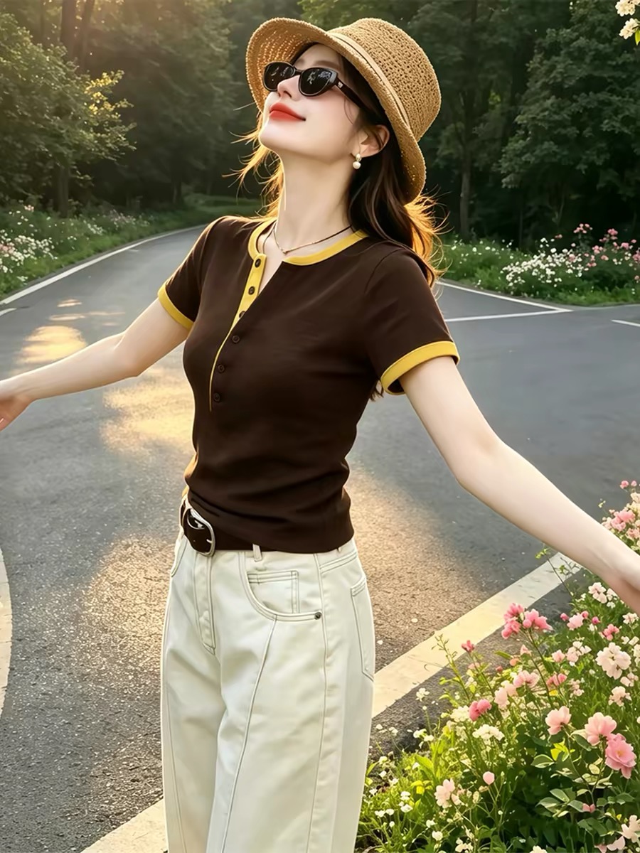Women's Colorblock Henley Neck Slim Fit Short Sleeve T-Shirt Summer 2026 Casual Cotton Top
