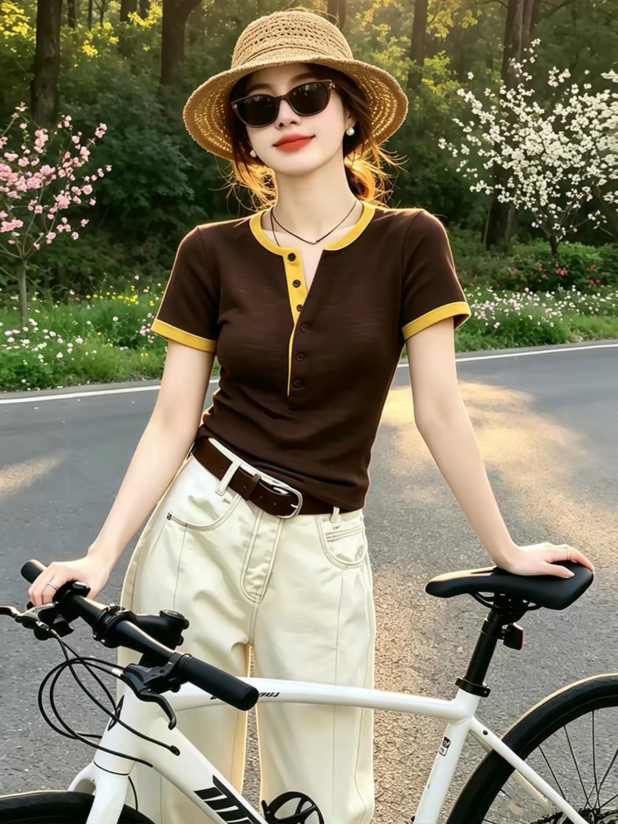 Women's Colorblock Henley Neck Slim Fit Short Sleeve T-Shirt Summer 2026 Casual Cotton Top - Image 3
