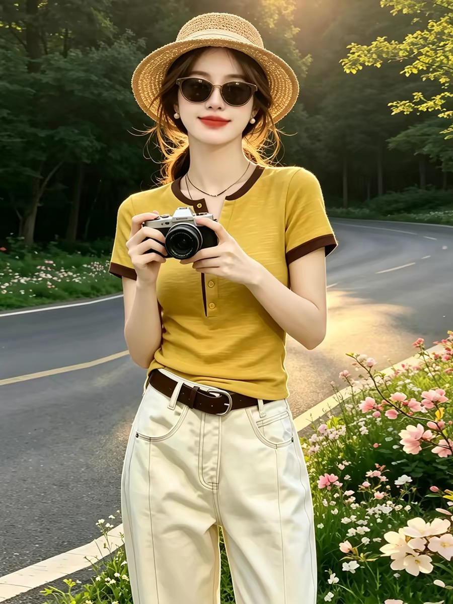 Women's Colorblock Henley Neck Slim Fit Short Sleeve T-Shirt Summer 2026 Casual Cotton Top - Image 2