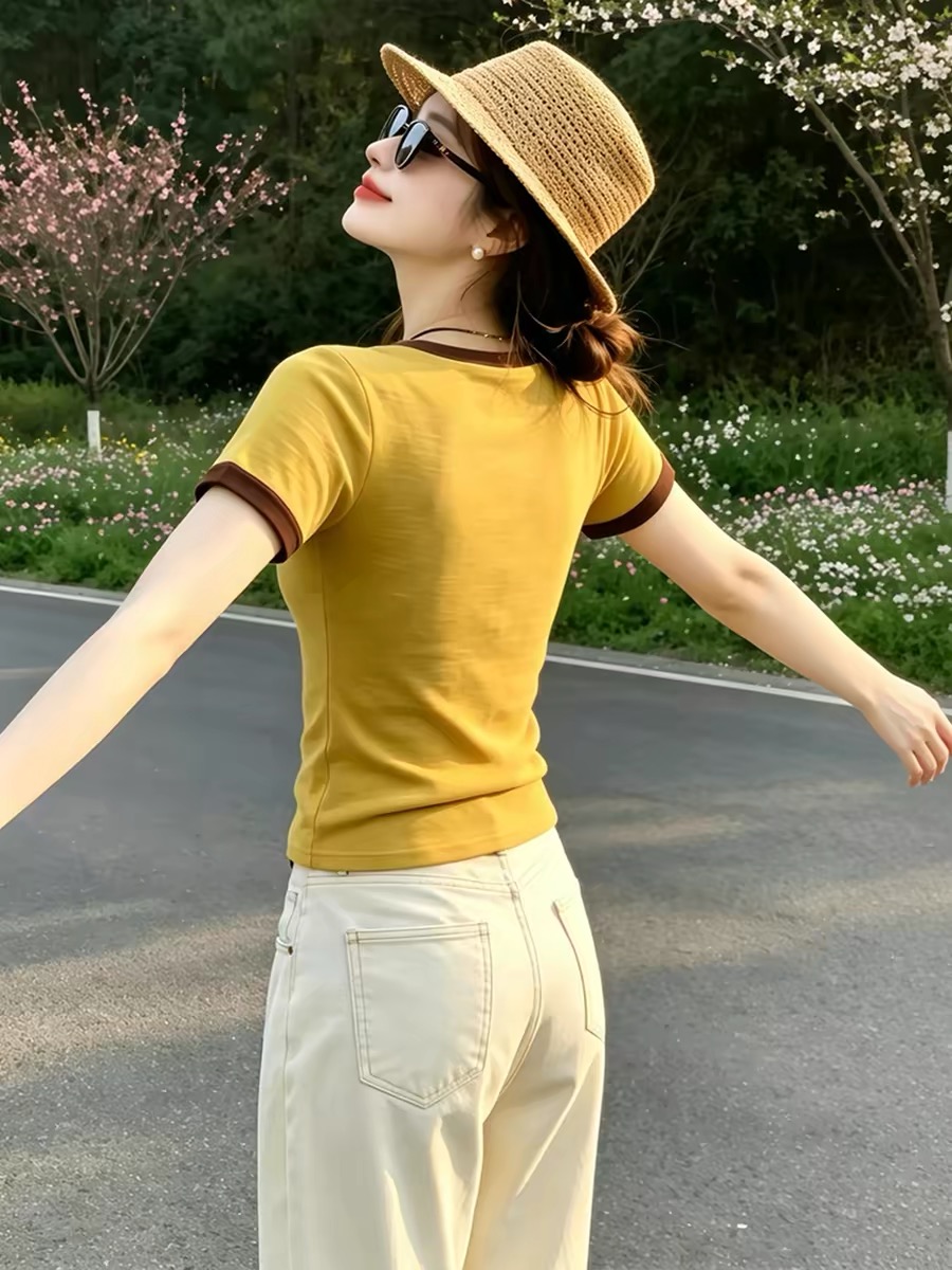 Women's Colorblock Henley Neck Slim Fit Short Sleeve T-Shirt Summer 2026 Casual Cotton Top - Image 4