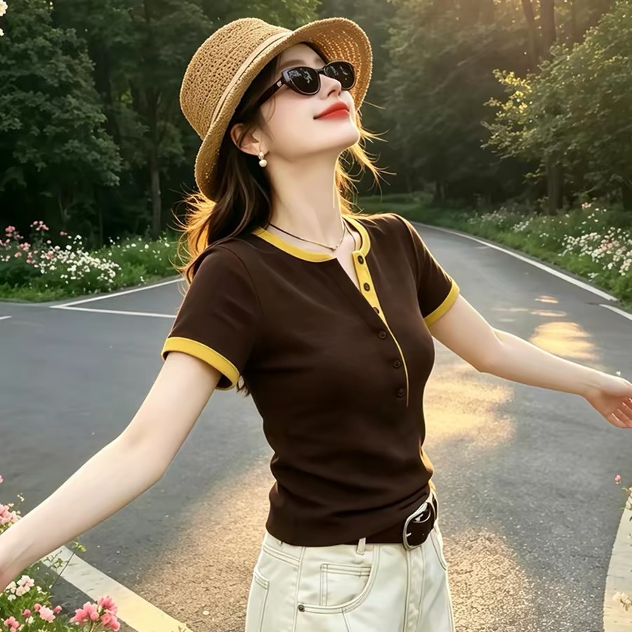 Women's Colorblock Henley Neck Slim Fit Short Sleeve T-Shirt Summer 2026 Casual Cotton Top - Image 5