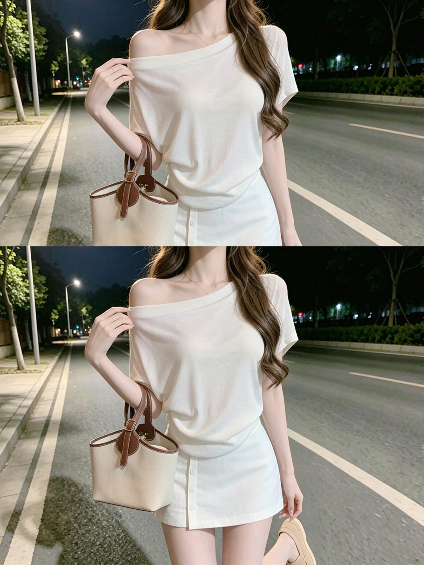 Gentle White One-Shoulder Short-Sleeve T-Shirt Women 2026 Summer French Style Two-Piece Set
