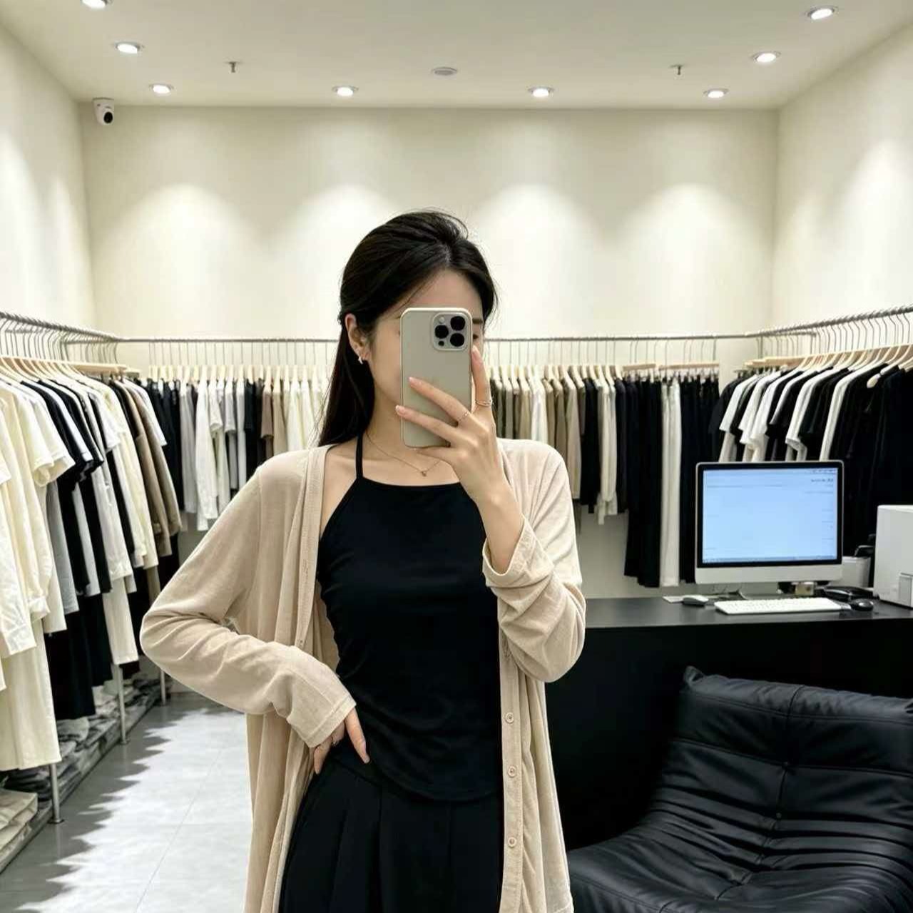 Korean Style Black Open Back Cami Knit Top Women 2026 Fall OOTD Two Piece Set - Image 5