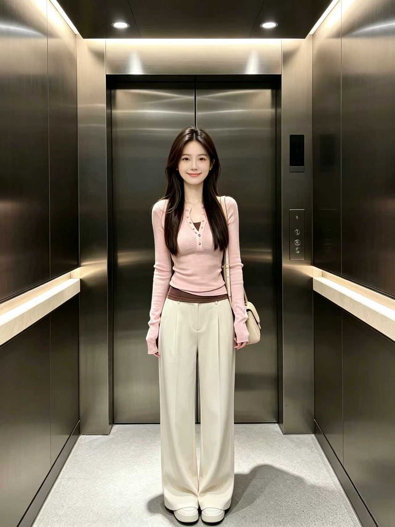 Pink Two-Piece Slim Long-Sleeve Color-Block T-Shirt Early Autumn Korean Chic Top