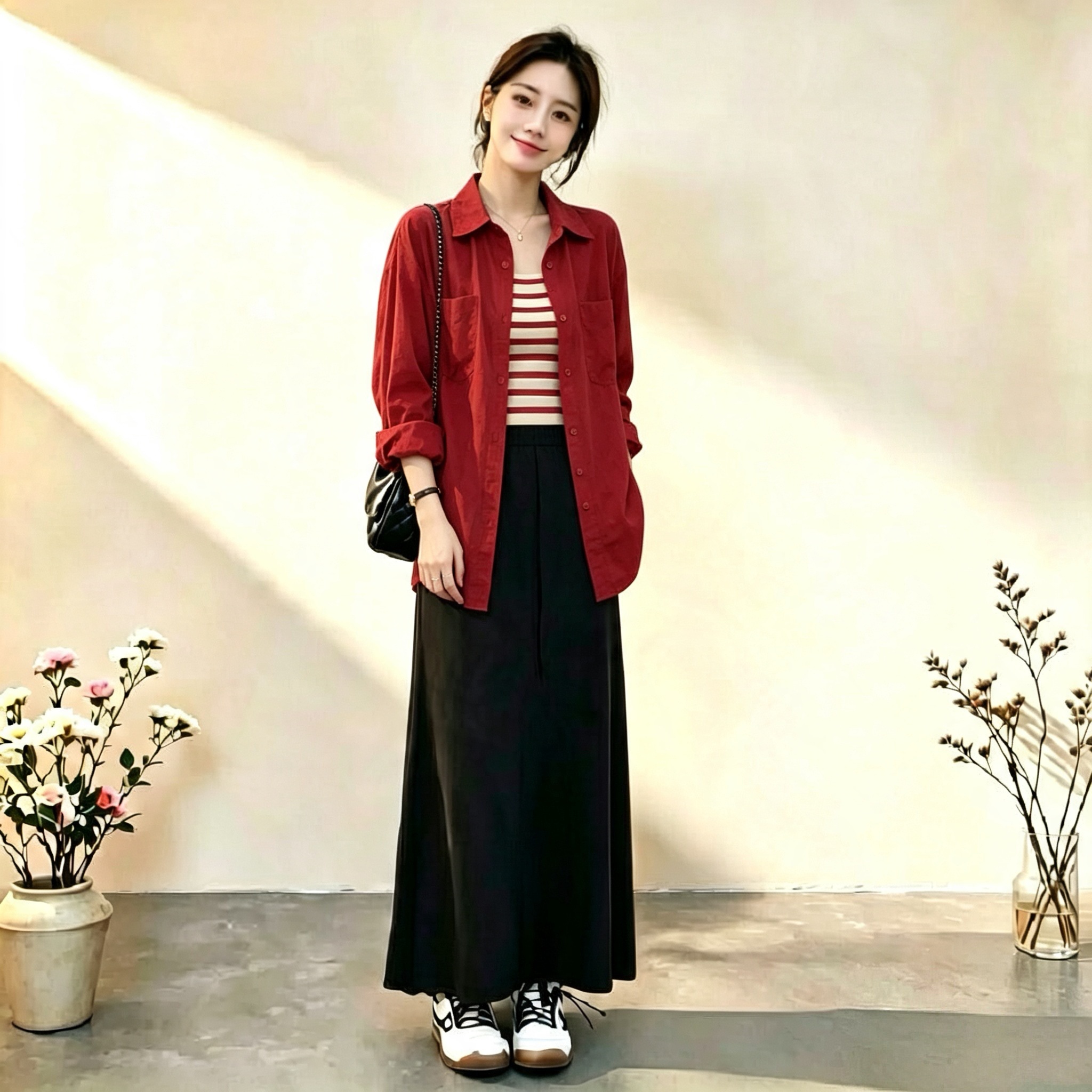 Dopamine Red Relaxed Sun Protection Long Sleeve Shirt Jacket Women 2026 Autumn Fashion Set