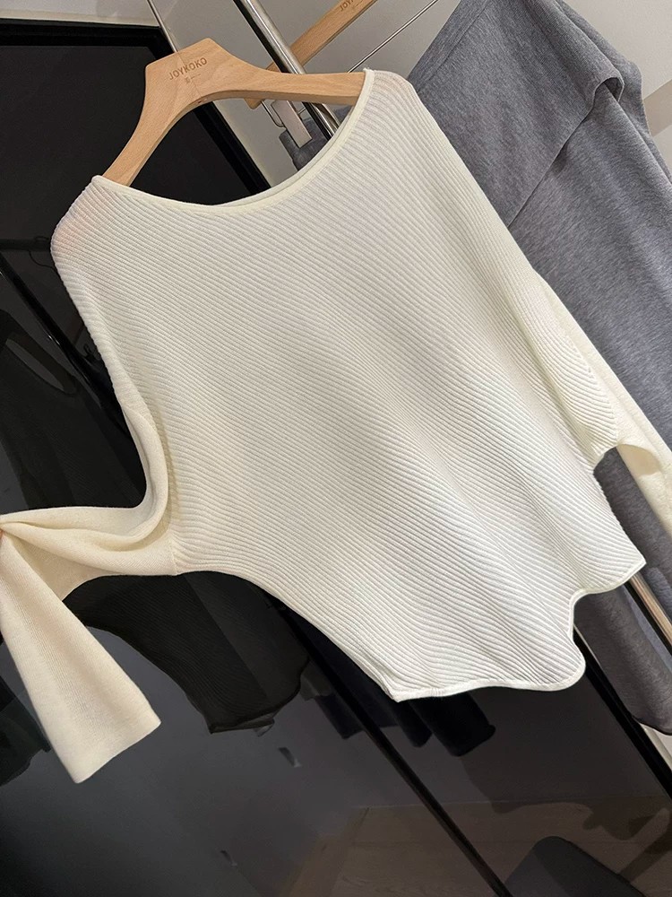 Women's Asymmetric Ribbed Batwing Sleeve Slouchy Pullover Knit Sweater - Image 3