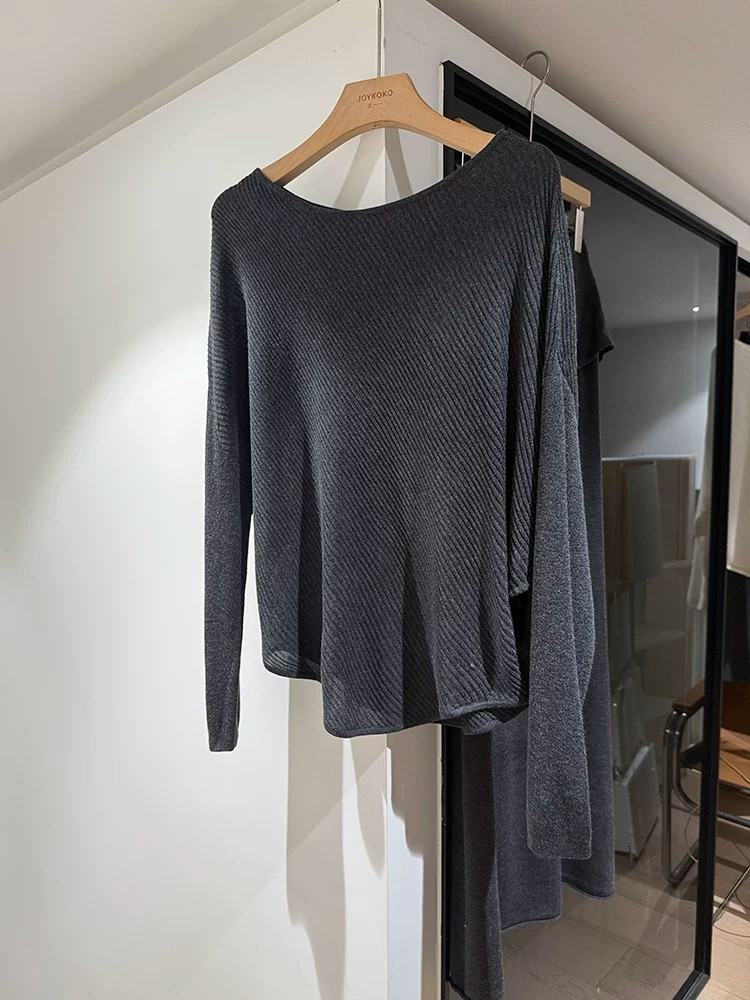 Women's Asymmetric Ribbed Batwing Sleeve Slouchy Pullover Knit Sweater - Image 4