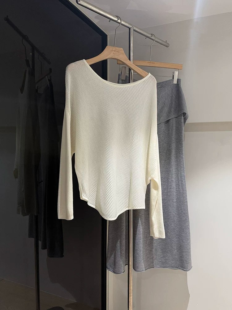 Women's Asymmetric Ribbed Batwing Sleeve Slouchy Pullover Knit Sweater - Image 2