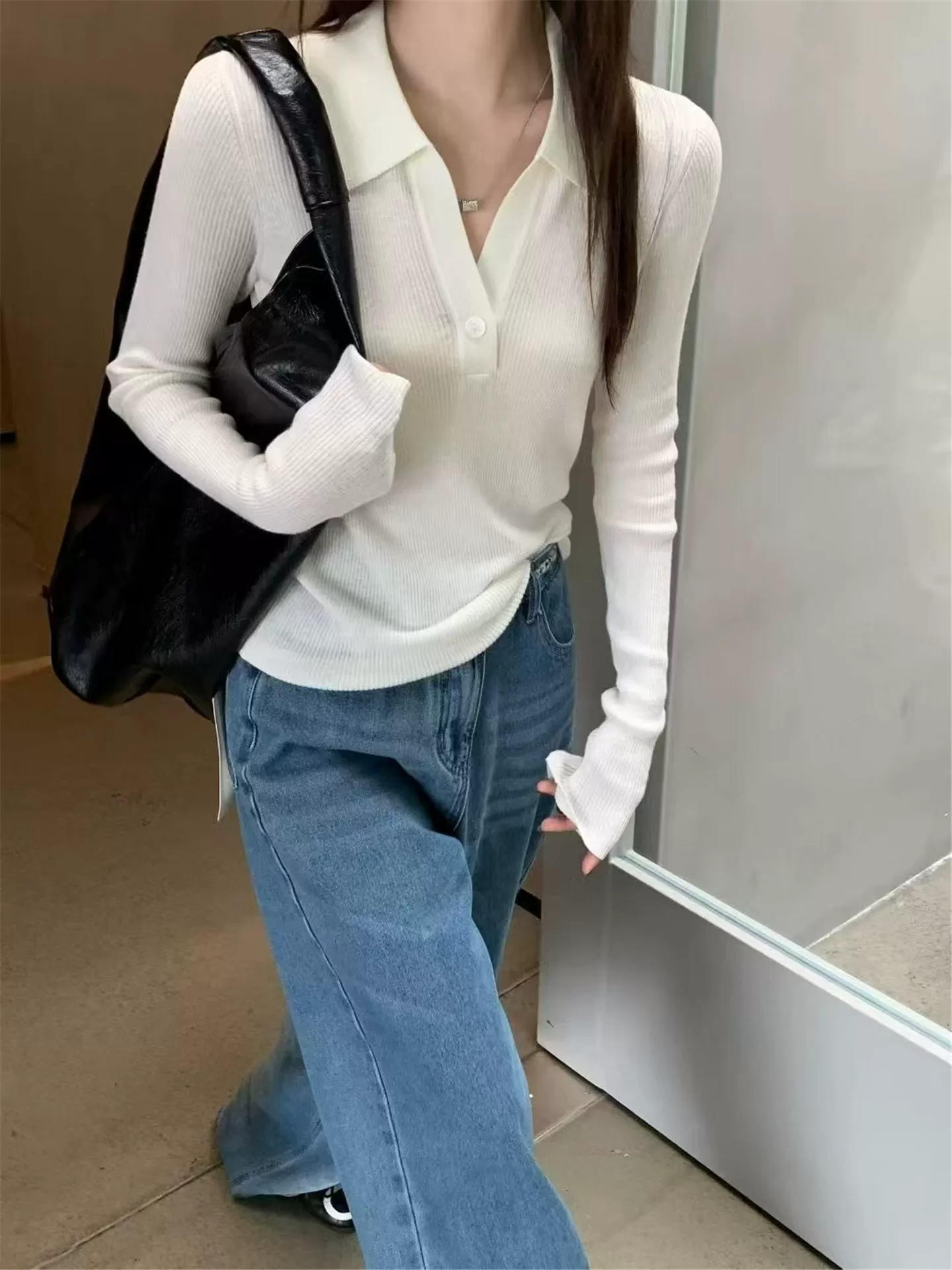 2026 Korean Slim Fit Polo Neck Knit Top for Women