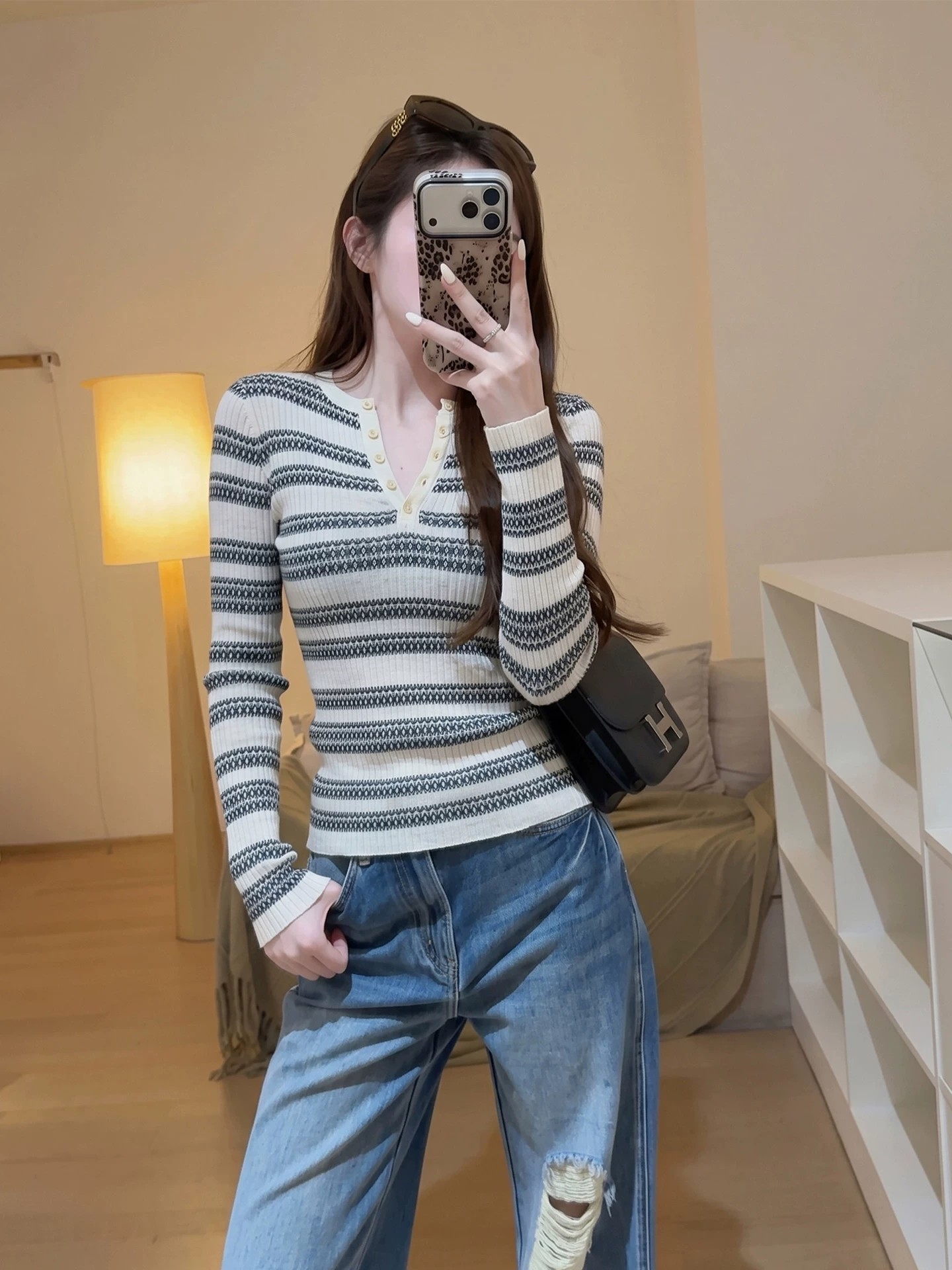 French Striped Half-Open Neck Long Sleeve Knit Top for Women Autumn Elegant Base Layer