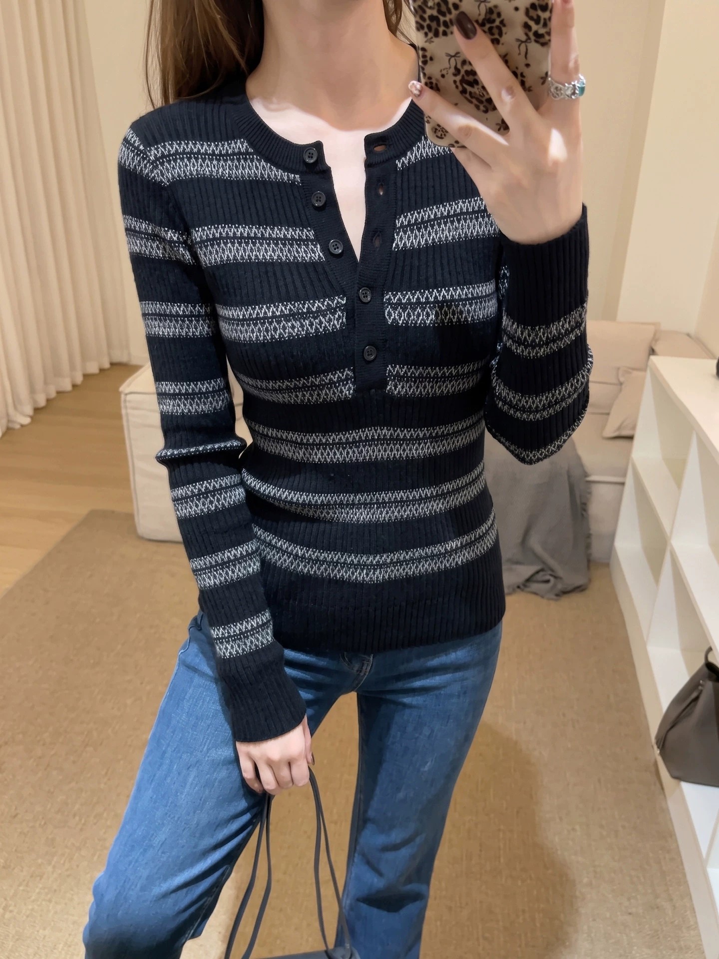 French Striped Half-Open Neck Long Sleeve Knit Top for Women Autumn Elegant Base Layer - Image 4