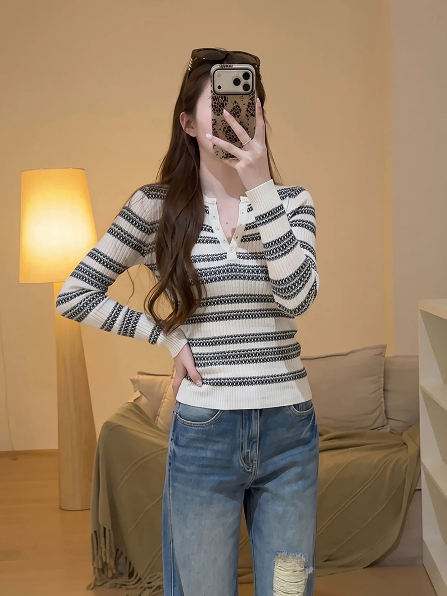 French Striped Half-Open Neck Long Sleeve Knit Top for Women Autumn Elegant Base Layer - Image 2