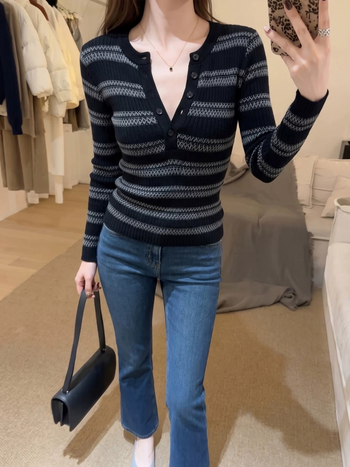 French Striped Half-Open Neck Long Sleeve Knit Top for Women Autumn Elegant Base Layer - Image 3