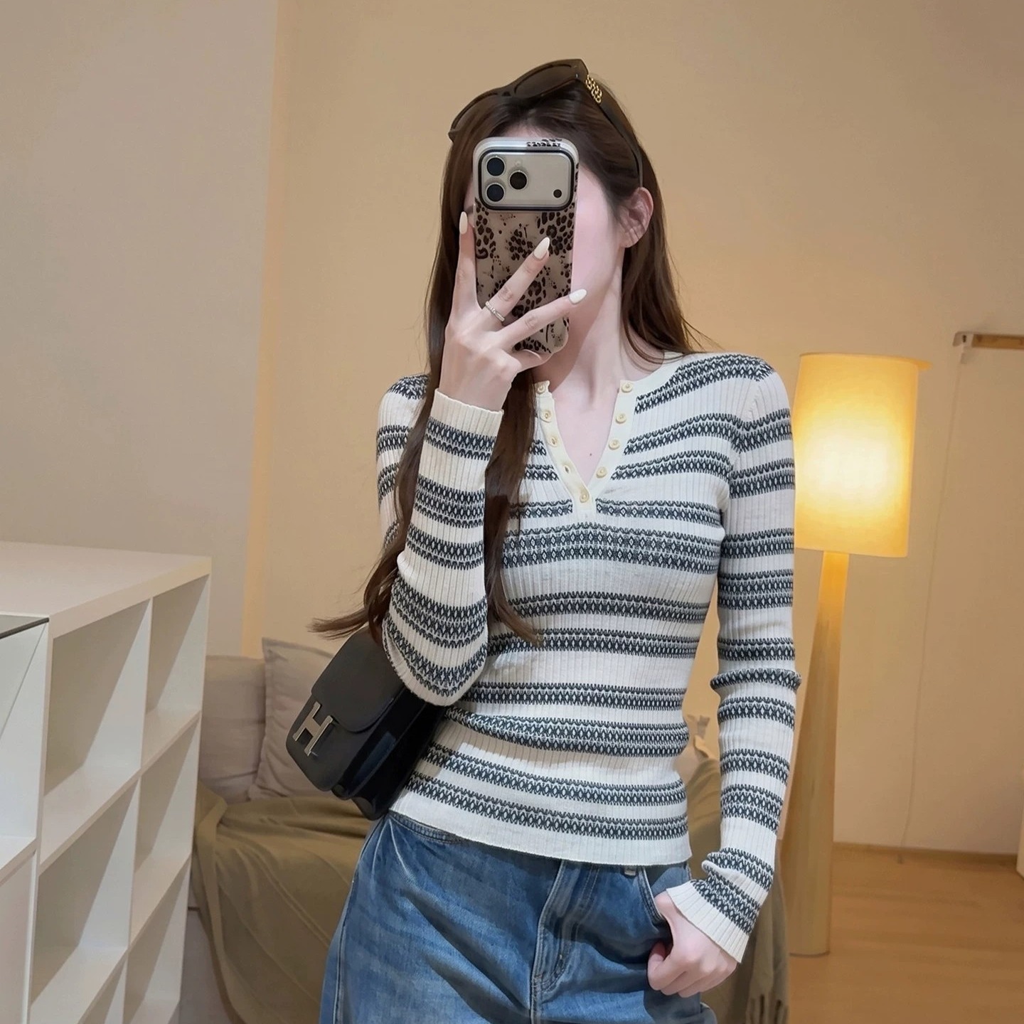 French Striped Half-Open Neck Long Sleeve Knit Top for Women Autumn Elegant Base Layer - Image 5