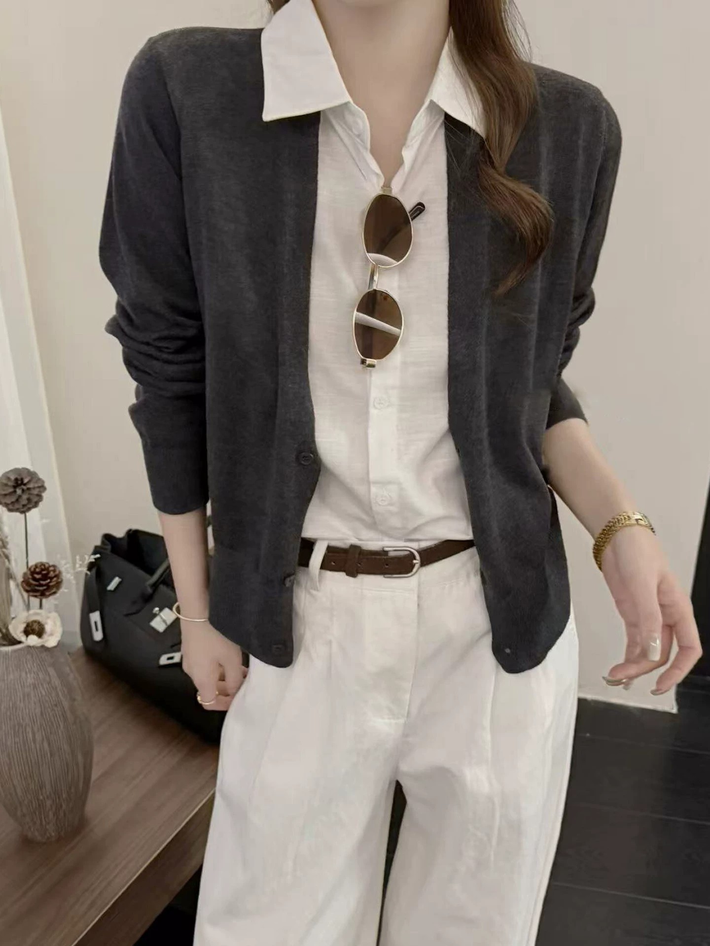 Korean Style Faux Two-Piece Knit Cardigan Sweater for Women 2026 Fall Loose Slimming Top