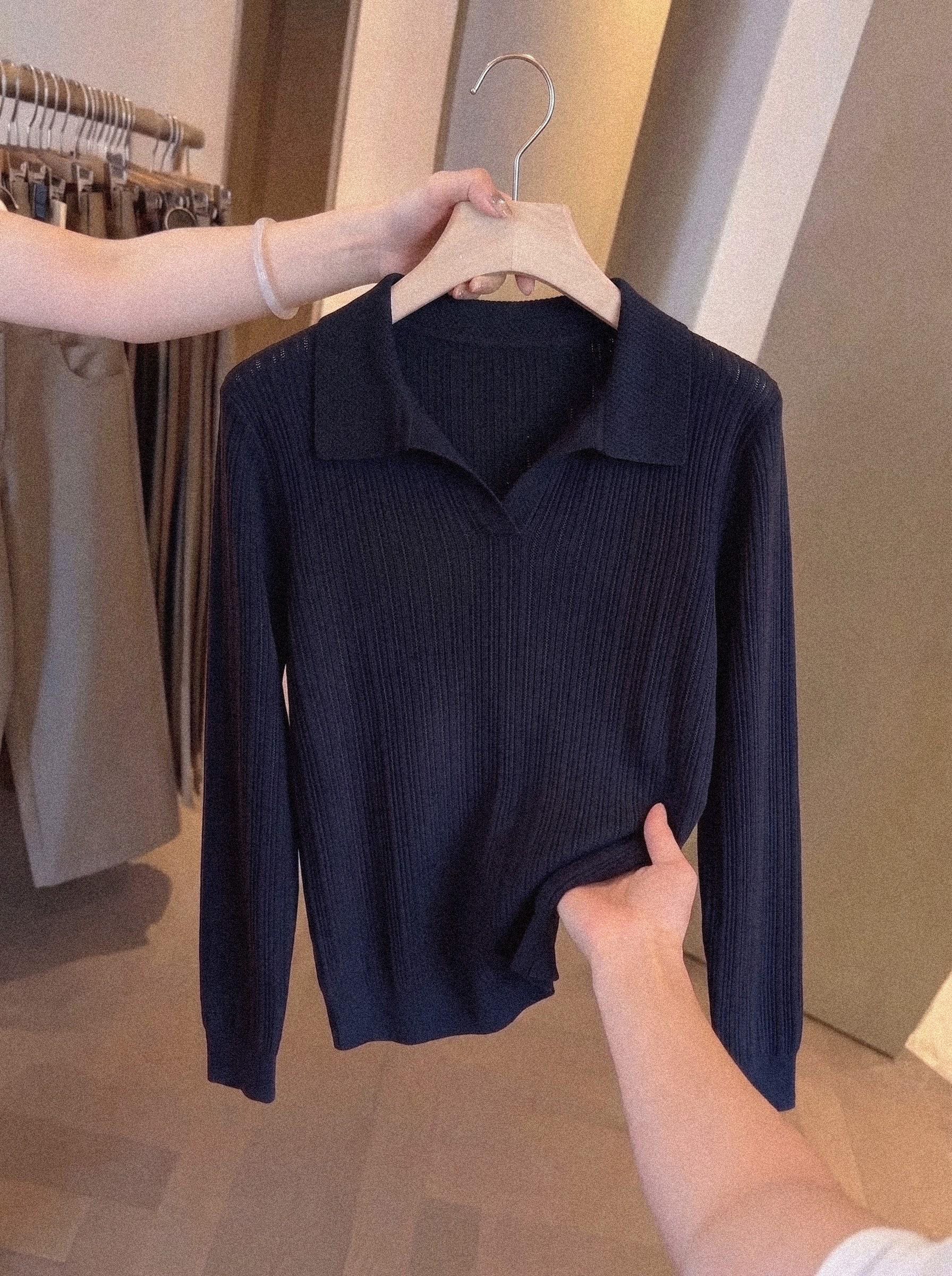 Polo Collar Long Sleeve Knit Sweater for Women Fall Slimming Top - Image 3