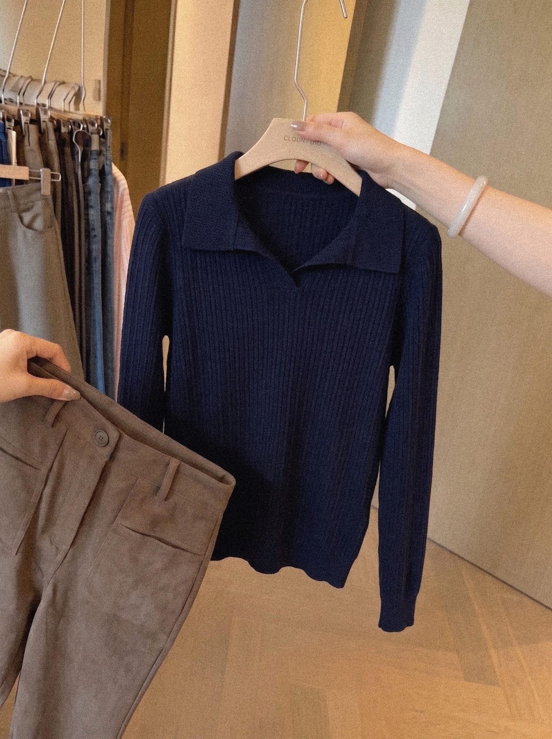Polo Collar Long Sleeve Knit Sweater for Women Fall Slimming Top