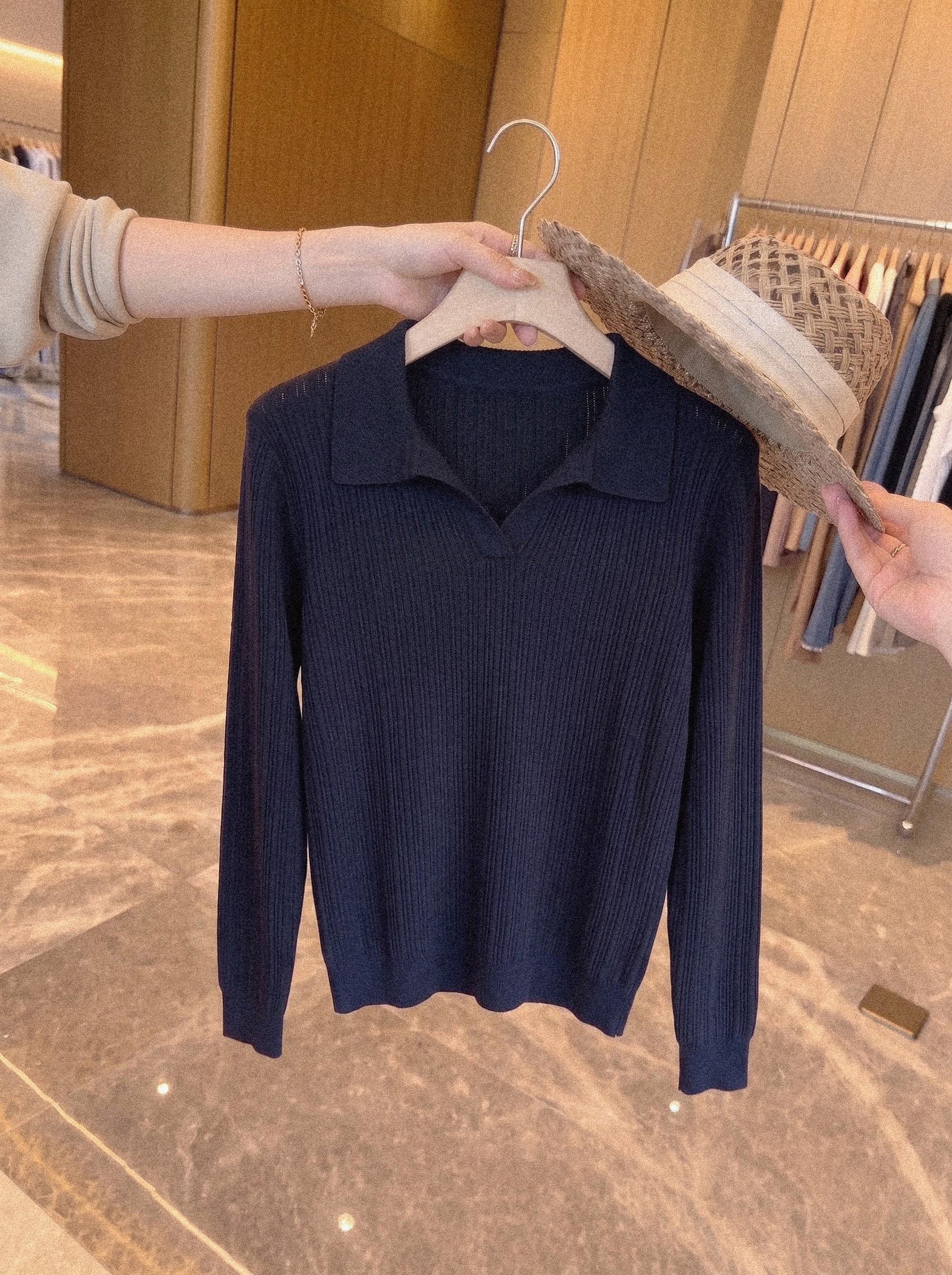 Polo Collar Long Sleeve Knit Sweater for Women Fall Slimming Top - Image 2